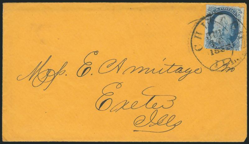 1c Blue, Ty. Ia (6).> Position 93R4, three large margins except tiny nick at top, cut into design at bottom, deep Plate 4 shade, tied by Chicago Ill. Jul. 16, 1857 circular datestamp on buff cover to Exeter
Ill., with original enclosure, Very Good