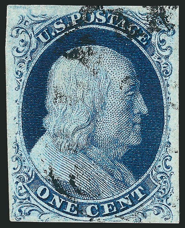 1c Blue, Ty. Ic (6b).> Position 47L4, E Relief, three large margins, bottom just barely into tips of plumes, lightly struck town datestamp, deep rich color and sharp impression<><>^VERY FINE. A HANDSOME EXAMPLE
OF THE RARE 1851 ONE-CENT TYPE Ic E R