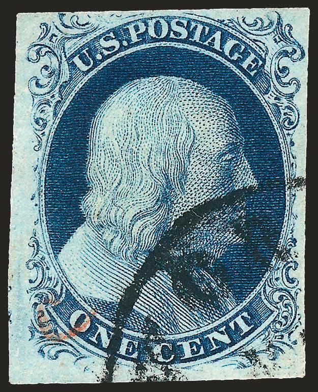1c Blue, Ty. III (8).> Plate 4, huge margins at left and bottom, full at right and mostly ample at top, intense shade and proof-like impression, neat town datestamp and trace of red cancel<><>^VERY FINE. A
HANDSOME USED EXAMPLE OF THE SCARCE 1851 O