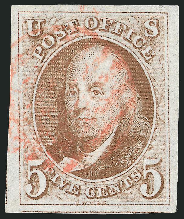 5c Red Brown (1).> Huge even margins incl. traces of adjoining stamps at bottom and left, light red grid cancel, fresh color, Extremely Fine Gem, a gorgeous stamp, with 2001 P.F. certificate