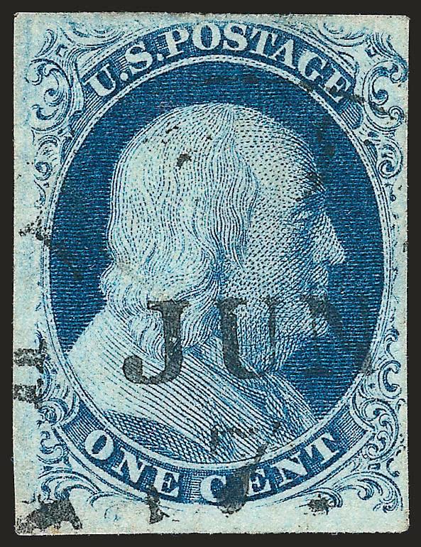 1c Blue, Ty. III (8).> Plate 4, huge breaks in top and bottom lines, large margins to just touched at right, cancelled by town datestamp, deep shade, trivial corner crease at bottom right, otherwise Very Fine,
with 1979 P.F. certificate