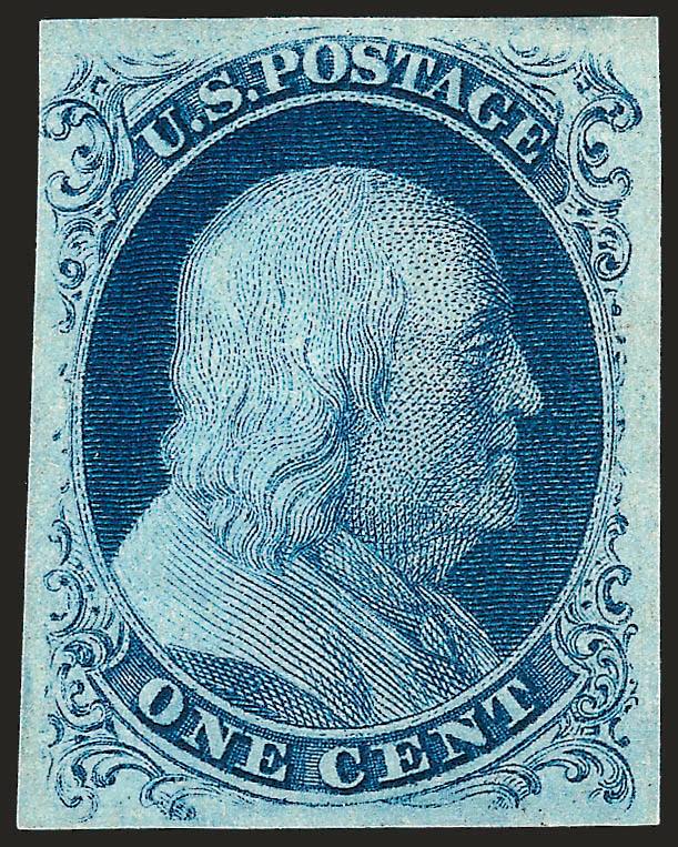 1c Blue, Ty. IIIa (8A).> Plate 4, unused (no gum), large margins on three sides, ample to clear at left, wonderful deep rich color in the classic Plate 4 shade, proof-like impression, fresh and bright
paper<><>^EXTREMELY FINE. EXAMPLES OF THE 1851