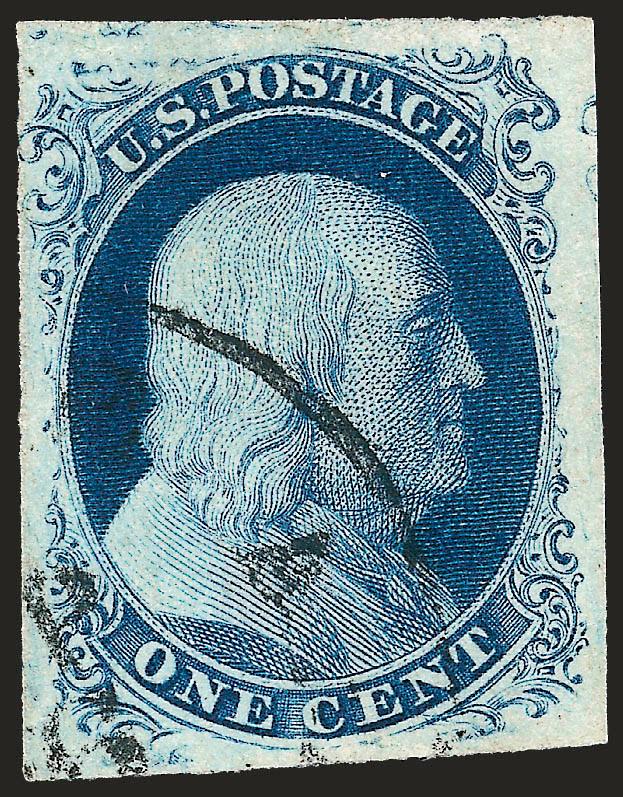1c Blue, Ty. IIIa (8A).> Position 63L4, huge margins to just touched at upper left, dark shade, neat town datestamp, Very Fine and choice, with 1982 and 2000 P.F. certificates