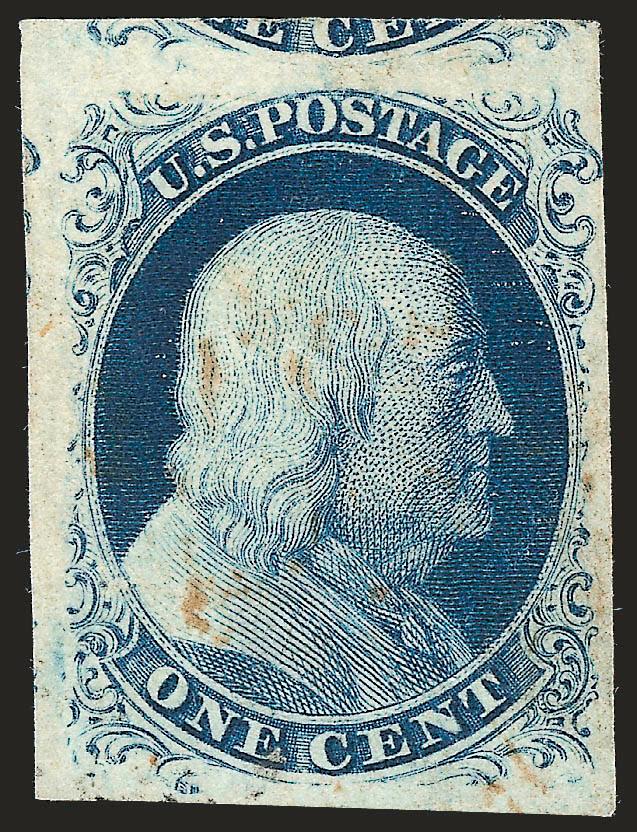 1c Blue, Ty. IIIa (8A).> Plate 4, huge margins on three sides incl. part of adjoining stamps at top and left, full at right, showing wide break at top and faint outer line at bottom (almost qualifies as the more
valuable Type III), faint red cancella