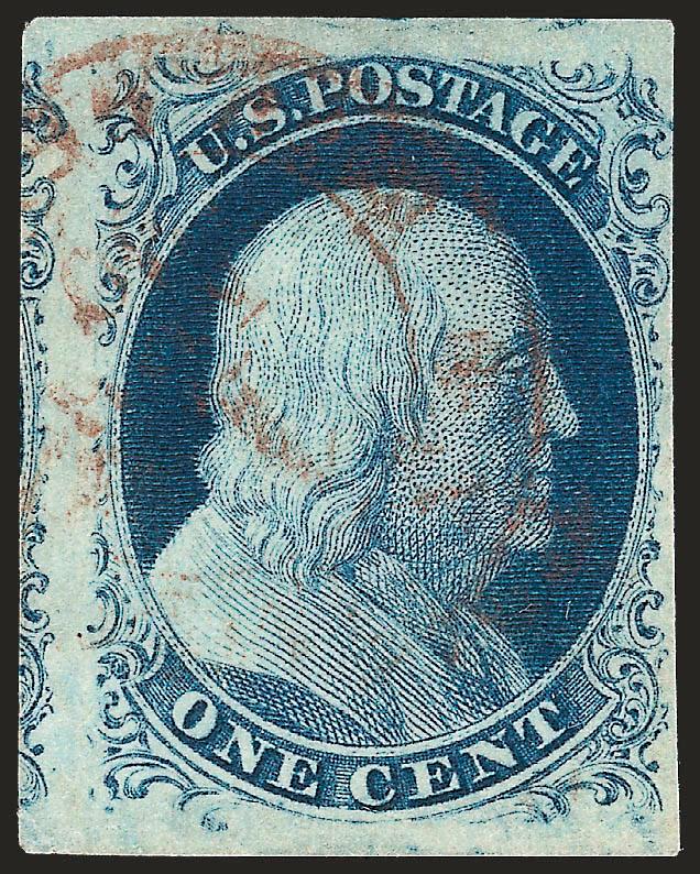 1c Blue, Ty. IIIa (8A).> Plate 4, three enormous margins including part of adjoining stamp at left, upper right ornament just barely shaved, <red New York U.S. Mail carrier datestamp,> dark shade, tiny corner
crease at bottom left could be trimmed
