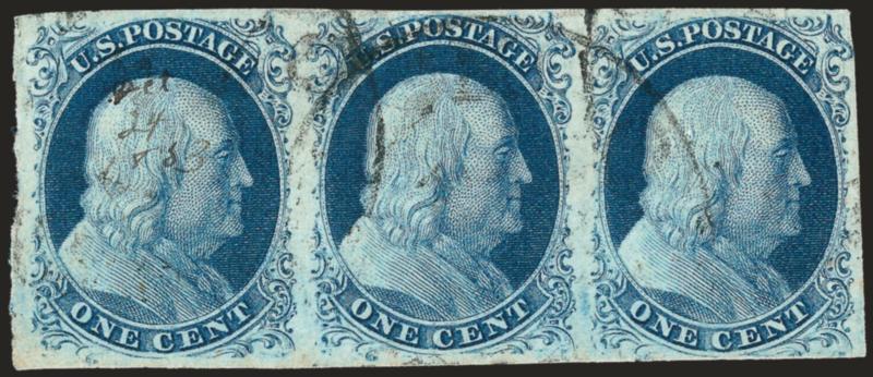 1c Blue, Ty. IIIa (8A).> Positions 38-40L4, horizontal strip of three, right stamp has a small break at bottom which might qualify it as a Type III, large margins to barely touched at right, light town datestamp
cancels, beautiful deep Plate 4 shade<
