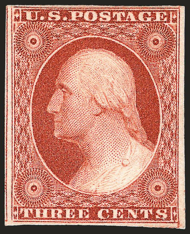 3c Orange Brown, Ty. I (10).> Unused (traces of original gum), large even margins incl. part of adjoining stamp at left, brilliant color, Very Fine and choice, ex Amonette, with 1999 P.F. certificate, Scott
Retail as no gum