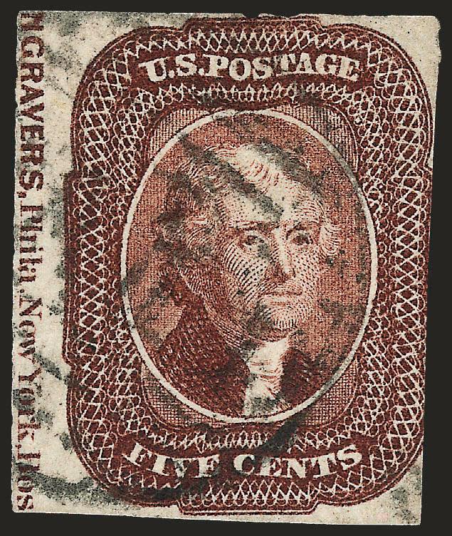 5c Red Brown (12).> Position 61L1, large left sheet margin showing <portion of imprint,> deep shade, cancelled by Boston large Paid grid, minor faults<><>^AN ATTRACTIVE AND VERY SCARCE EXAMPLE OF THE 5-CENT 1856
ISSUE WITH FULLY READABLE PORTION