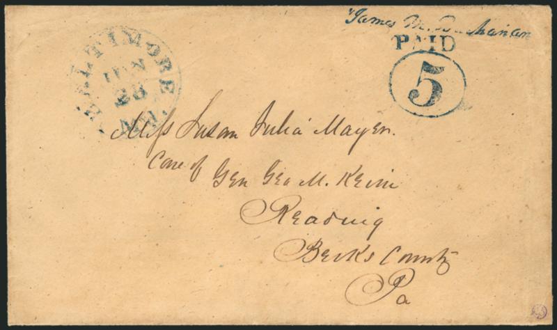 Baltimore Md., 5c Blue on Manila entire (3XU1).> Clear strikes of provisional markings, matching Baltimore Md. Jun. 28 (1846) circular datestamp on cover to Reading Pa., tiny mends along edges<><>^VERY FINE AND
REMARKABLY FRESH EXAMPLE OF THE 5-C