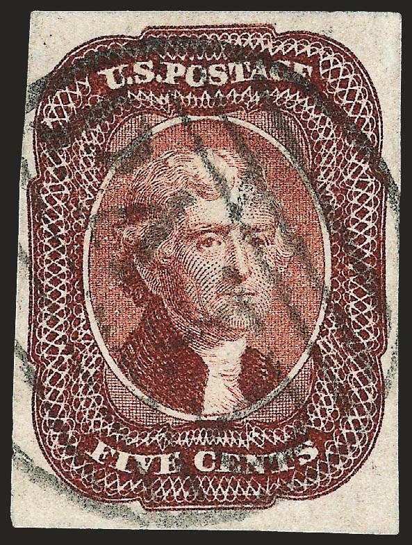 5c Red Brown (12).> B Relief, large even margins, clear strike of <large Boston Paid grid> cancel, fresh and Extremely Fine, an extremely rare cancel on this issue, ex Rohloff and Mayer, with 2006 P.F.
certificate