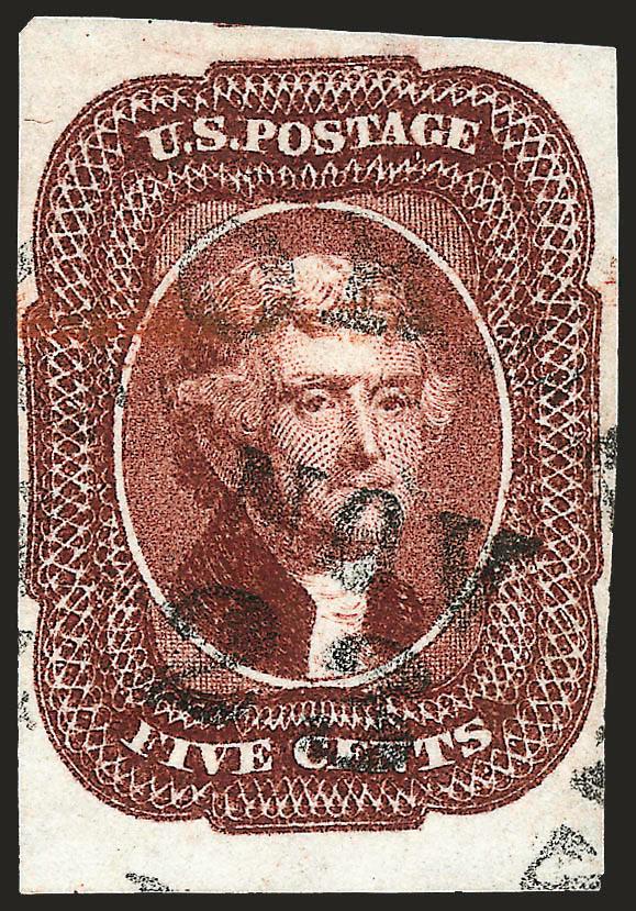 5c Red Brown (12).> D Relief from the bottom row of the plate, huge margins to ample incl. trace of adjoining stamp at top and <sheet margin at bottom,> light strike of New Orleans circular datestamp and also
<red transit> cancel at left, Very Fine,
