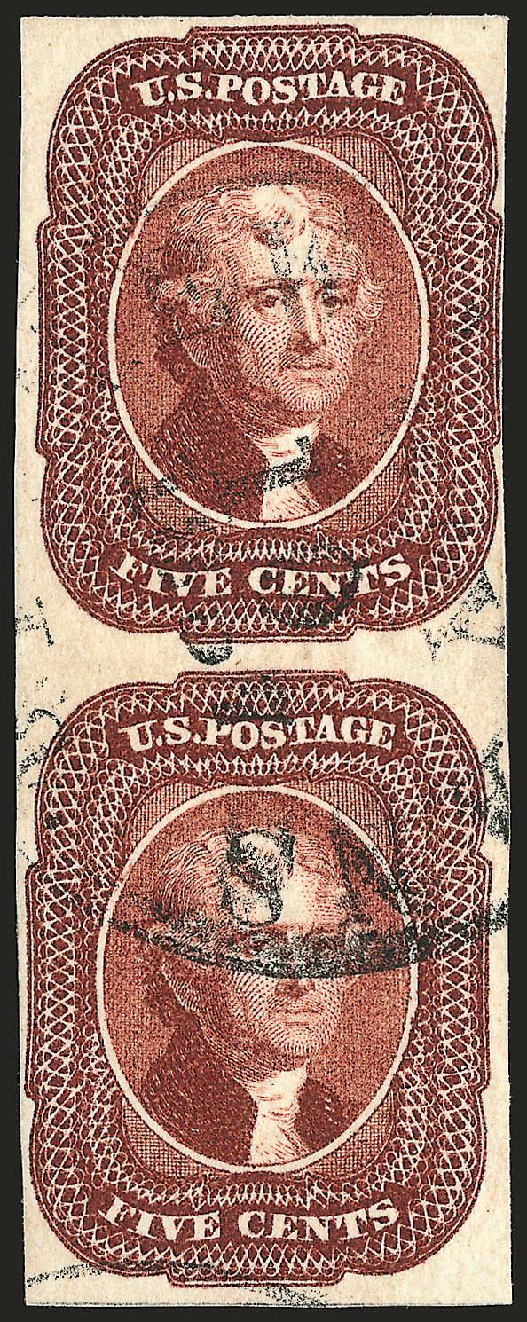 5c Red Brown (12).> Vertical pair, A and B Reliefs from the top two rows of the plate, large margins to clear, rich color, neat strike of 1857 New Orleans circular datestamp, fresh and Very Fine, with 2004 P.F.
certificate