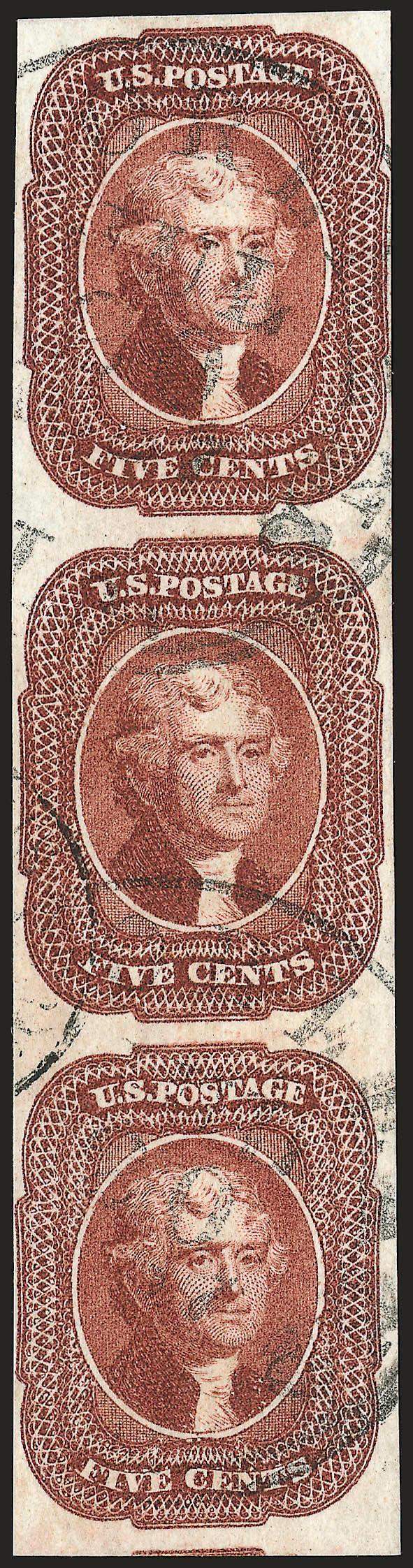5c Red Brown (12).> Vertical strip of three, BCD Reliefs, large margins to clear incl. part of adjoining stamp at bottom, bright color, neat strikes of New Orleans circular datestamp and also with part of
<French datestamp> at left<><>^VERY FINE.