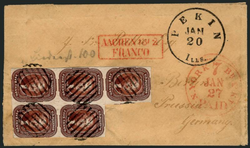 5c Red Brown (12).> Block of five, originally a block of six but top right stamp was removed, ample margins to slightly in at right, rich color, tied by five strikes of open grid cancel, Pekin Ills. Jan. 20 (ca.
1857) circular datestamp on cover <t