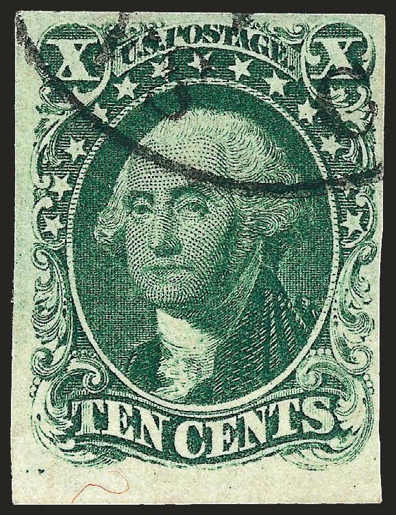 10c Green, Ty. I (13).> Full to large margins incl. <bottom sheet margin,> ample at right, bright shade, cancelled by town datestamp, Very Fine and choice, with 1998 P.F. certificate