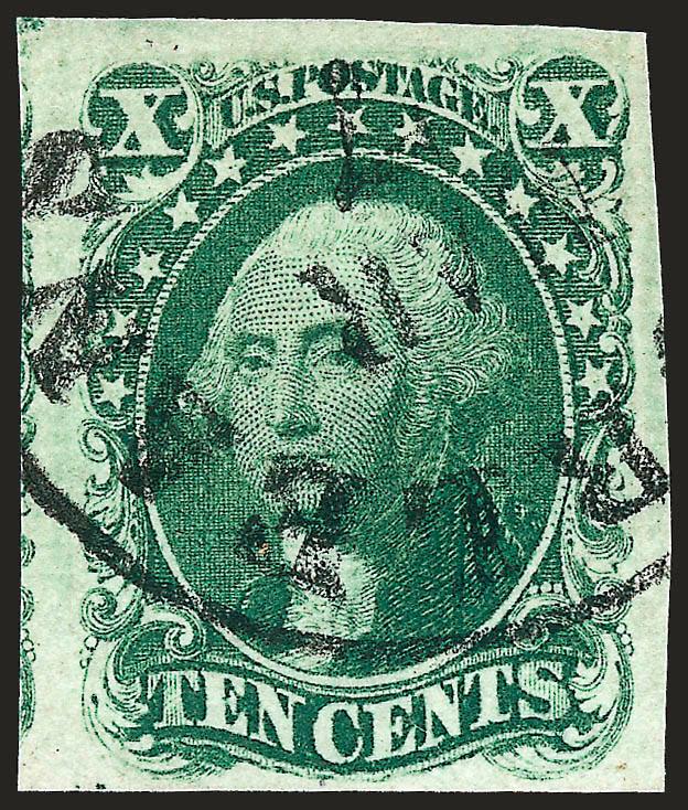 10c Green, Ty. I (13).> Large margins to ample at bottom, bold New Orleans datestamp clear of type-defining full shells at bottom, bright shade, Very Fine and choice, with 1983 P.F. certificate