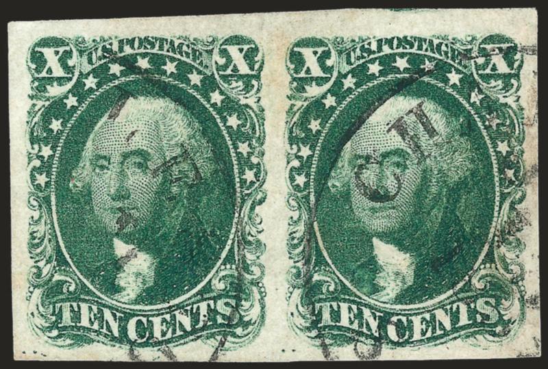 10c Green, Ty. I (13).> Horizontal pair, large to huge margins all around, cancelled by neat strikes of Charleston S.C. datestamp, bright color<><>^EXTREMELY FINE GEM PAIR. MULTIPLES OF THE 1855 10-CENT TYPE I
IMPERFORATE ARE RARELY ENCOUNTERED IN