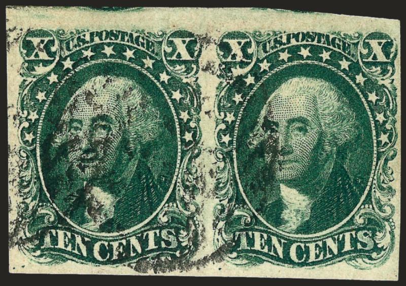 10c Green, Ty. I (13).> Positions 94-95L1, horizontal pair, huge top and bottom margins, ample to full at sides, dark shade, Boston large Paid grid cancels, Very Fine, an attractive and scarce pair of the 10c
1855 from the bottom row of Plate 1, ex
