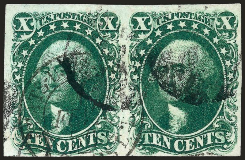 10c Green, Ty. I (13).> Horizontal pair, full margins to well clear of type-defining shells at bottom, grid cancels and <French transit datestamp,> Fine-Very Fine, with 1999 P.F. certificate, Scott Retail for
pair without premium for French marking