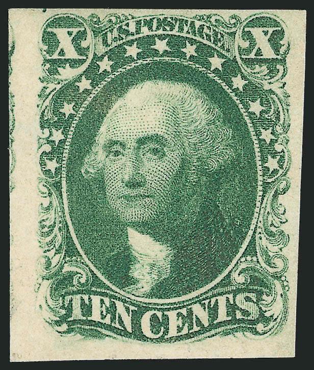 10c Green, Ty. II (14).> Original gum, lightly hinged, three huge margins incl. part of adjoining stamp at left, ample at top, deep rich color<><>^VERY FINE AND CHOICE ORIGINAL-GUM EXAMPLE OF THE 1855 10-CENT
TYPE II IMPERFORATE ISSUE.^<><>With 2