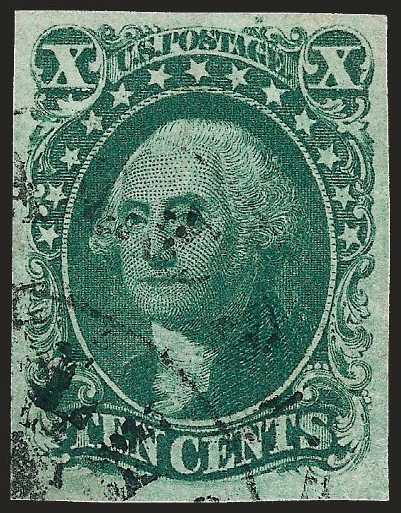10c Green, Ty. II (14).> Large even margins, bright shade and well-defined impression, cancelled by town datestamp, Extremely Fine