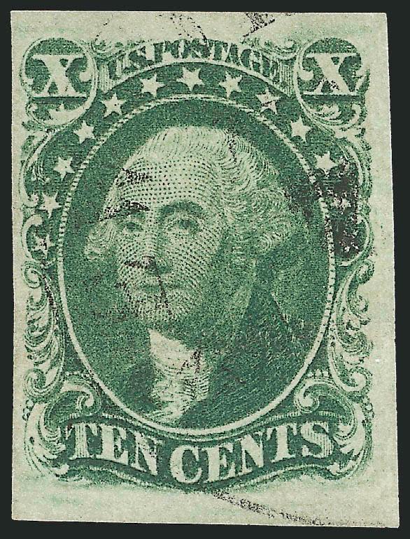 10c Green, Ty. II (14).> Three, full to large margins, deep rich colors, minor toned spots and corner creases, otherwise Very Fine