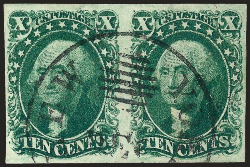 10c Green, Ty. II (14).> Horizontal pair, full to ample margins, bright shade, cancelled by clear strike of <New York Ocean Mail circular datestamp with integral grid,> fresh and bright, Very Fine, with 2001
P.F. certificate