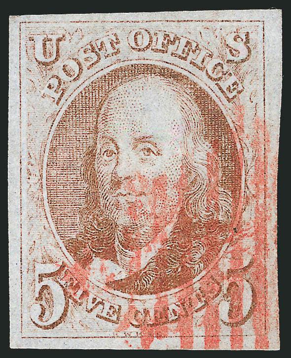 5c Red Brown (1).> Brilliant color, large margins, neat strike of red New York square grid cancel, fresh and Extremely Fine, with 1985 P.F. certificate