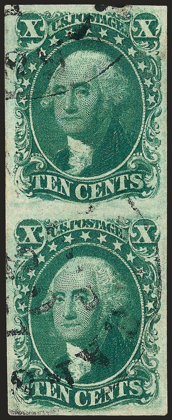 10c Green, Ty. IIIII (1415).> Vertical combination pair, large even margins, beautiful bright shade, cancelled by lightly struck New Orleans datestamp, Extremely Fine, a lovely choice combination multiple, with
1992 P.F. certificate