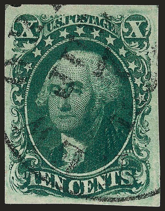 10c Green, Ty. III (15).> Position 27L1, large even margins all around, marvelous deep rich color and early impression, neatly cancelled by New Orleans datestamp, Extremely Fine Gem, ex Levi and Zoellner