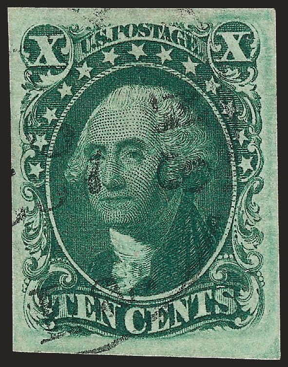 10c Green, Ty. III (15).> Large margins all around, beautiful rich shade and deep impression, lightly cancelled by New Orleans datestamp, Extremely Fine