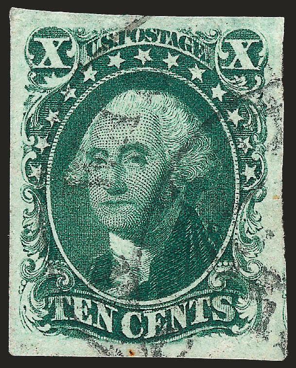 10c Green, Ty. III (15).> Huge margins all around, bright color, cancelled by town datestamp, Extremely Fine, a marvelous stamp, with 1999 P.F. certificate