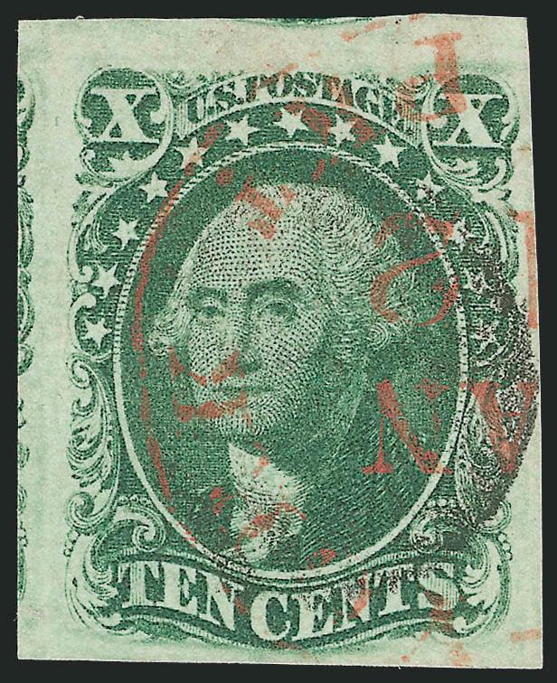 10c Green, Ty. III (15).> Large to huge margins incl. traces of adjoining stamps at top and left, light black cancel and bold <red New York exchange office datestamp,> deep rich color, Extremely Fine, with 2004
P.F. certificate
