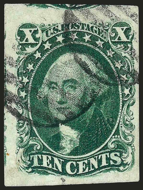 10c Green, Ty. III (15).> Large to huge margins on three sides showing part of adjoining stamp at top, full at right, grid cancels, certificate notes a faint lightened toned spot at bottom left, otherwise
Extremely Fine, with 1998 P.F. certificate