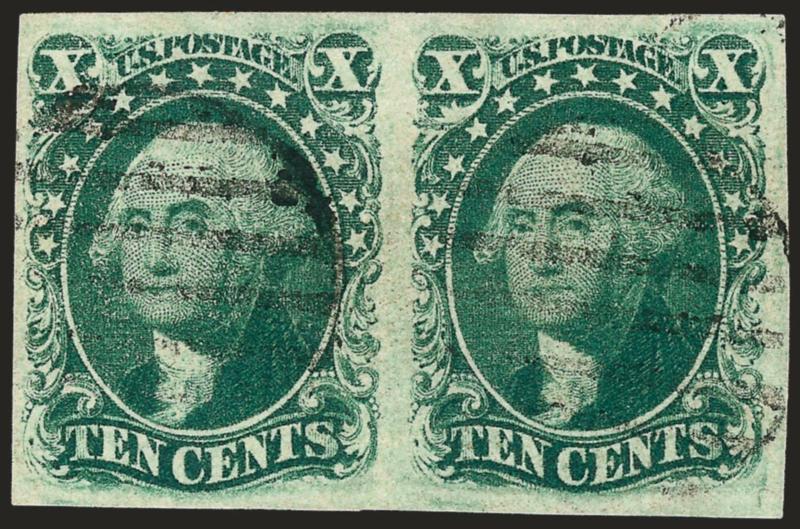10c Green, Ty. III (15).> Horizontal pair, large margins, bright shade, grid cancels, Extremely Fine, exceptionally choice, ex Chapin, with 2003 P.F. certificate
