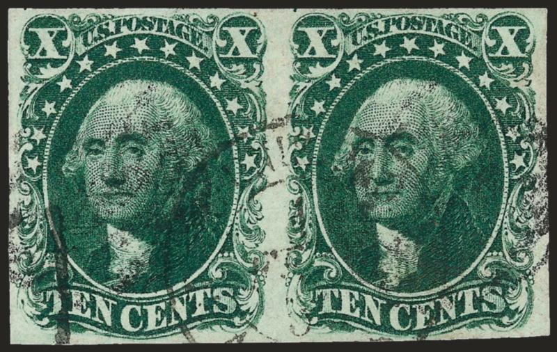 10c Green, Ty. IV-II (16-14).> Positions 55-56L1, horizontal pair, left stamp recut at bottom, full margins all around, light grid cancels, also cancelled by <French transit datestamp and part of decimes due
handstamp,> dark shade on bright paper<><