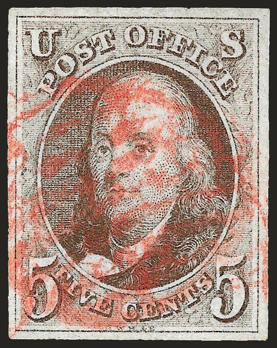 5c Brown (1 var).> Bright color, large margins, bold strike of red grid cancel, fresh and Extremely Fine, a striking example of this shade, with 1999 P.F. certificate