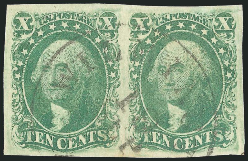 10c Green, Ty. IV-III (16-15).> Positions 86-87L1, horizontal pair, left stamp recut at top, huge margins to large, pretty pastel shade, light strike of Wilmington Del. circular datestamp, tiny scissors-cut at
top of right margin well away from stamp