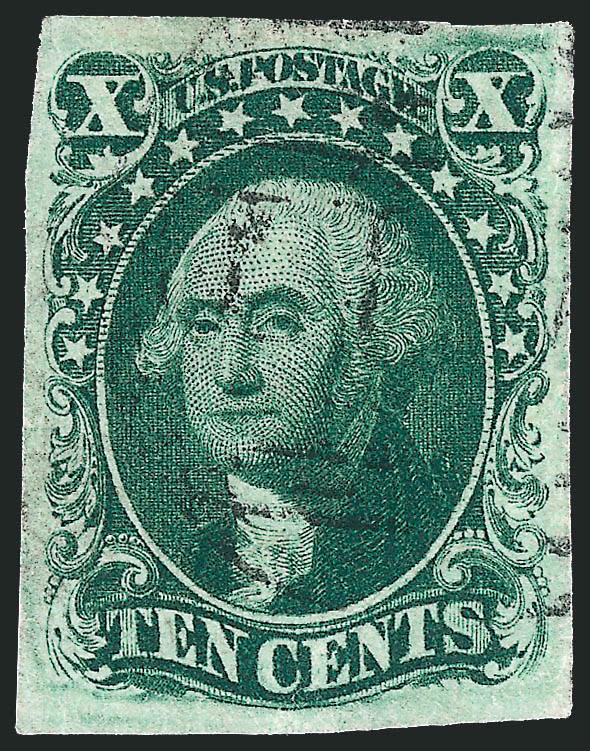 10c Green, Ty. IV (16).> Position 64L1, <recut at top and bottom,> large margins, lightly cancelled by Boston large Paid grid, intense shade and proof-like impression<><>^EXTREMELY FINE. A SUPERB EXAMPLE OF THE
1855 10-CENT TYPE IV DOUBLE RECUT,