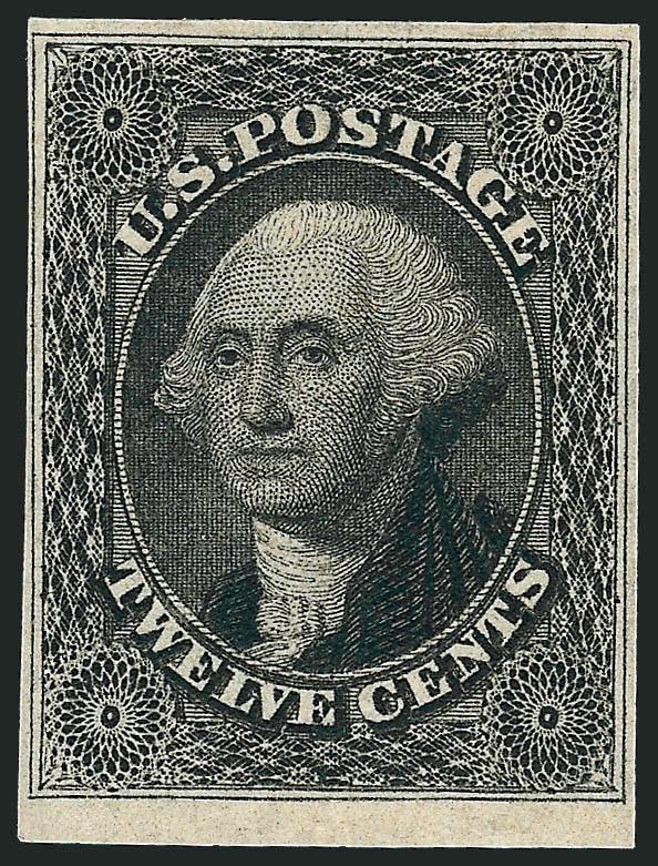 12c Black (17).> Original gum, lightly hinged, large margins to ample at sides, intense shade and proof-like impression<><>^VERY FINE AND CHOICE. A BEAUTIFUL ORIGINAL-GUM EXAMPLE OF THE 12-CENT 1851 ISSUE.
SCARCE IN SUCH WONDERFUL CONDITION.^<><>