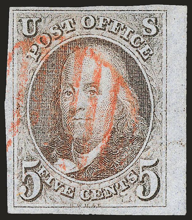5c Brown (1 var).> Pale shade, later impression from cleaned plate, huge margins to full incl. <sheet margin at right,> light strike of red grid cancel, Extremely Fine, with 1987, 1995 and 1997 P.F.
certificates