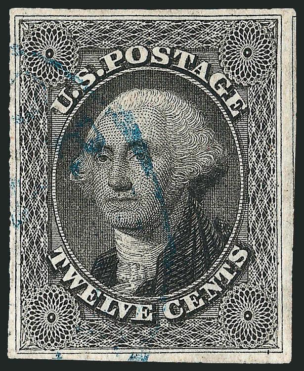 12c Black (17).> Full to large margins, <blue> town datestamp, sharp impression, Extremely Fine