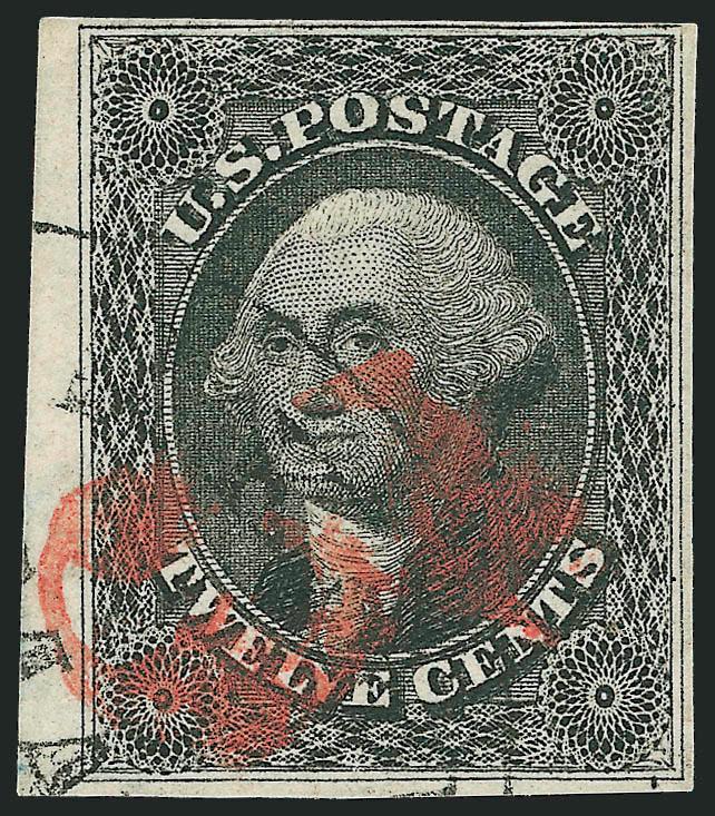 12c Black (17).> Large margins to clear incl. <sheet margin at left,> intense shade and impression, neat strike of town datestamp and <red 3> credit handstamp, Very Fine and choice, a beautiful stamp, with 1989
P.F. certificate