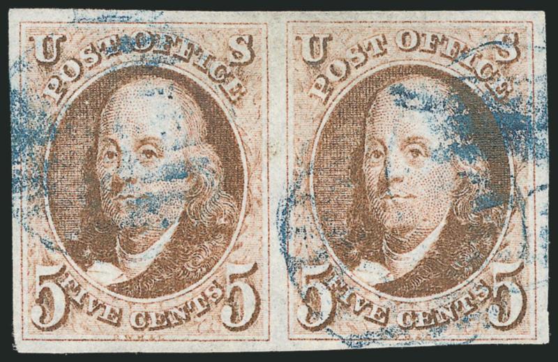 5c Red Brown (1).> Horizontal pair, huge margins to full, bright reddish color on nicely blued paper, <blue grid> cancels, Extremely Fine pair, ex Twigg-Smith, with 1985 P.F. certificate