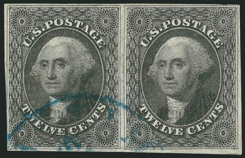 12c Black (17).> Horizontal pair, clear and even margins all around, detailed impression, <blue> town circular datestamp, tiny corner crease at top right, appears Very Fine, with 1989 P.S.E. certificate