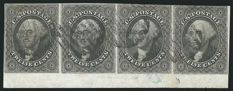 12c Black (17).> Horizontal strip of four with <huge bottom sheet margin,> other sides mostly clear to ample, slightly in at top right, grid cancels, deep shade, certificate mentions trivial crease in one stamp
and corner of sheet margin, still Very