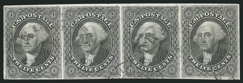 12c Black (17).> Horizontal strip of four, huge margins to clear at bottom, lightly cancelled by New Orleans datestamp and part of French transit datestamp, beautiful shade and impression, left stamp has faint
diagonal crease at upper left, otherwise