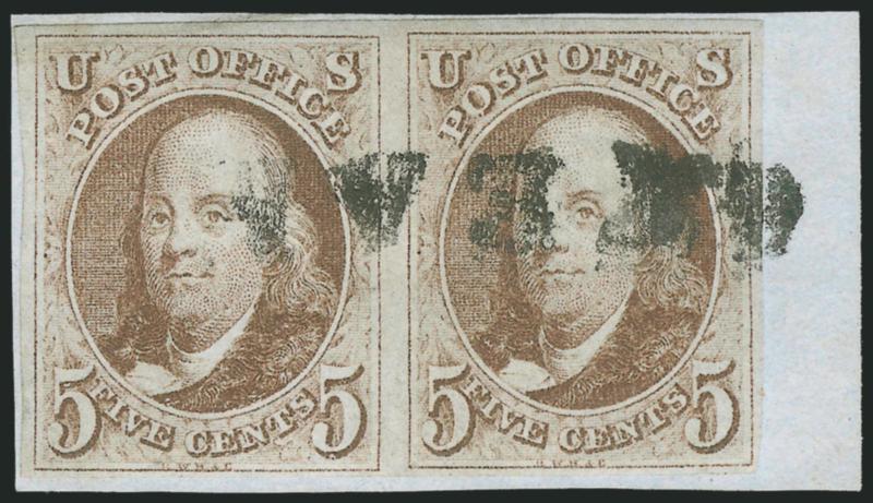 5c Brown (1).> Horizontal pair, large margins to full, tied by <black Steam> handstamp on small blue piece, faint natural paper wrinkle at top left not mentioned on accompanying certificate, Very Fine and choice,
scarce cancel, with 1978 P.F. certi