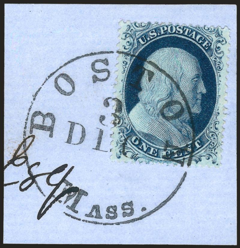 1c Blue, Ty. II (20).> Plate 2, rich color on bright paper, tied by perfect strike of Boston Mass. 3 Dec. circular datestamp on small blue piece, Very Fine and choice, with 1996 P.F. certificate