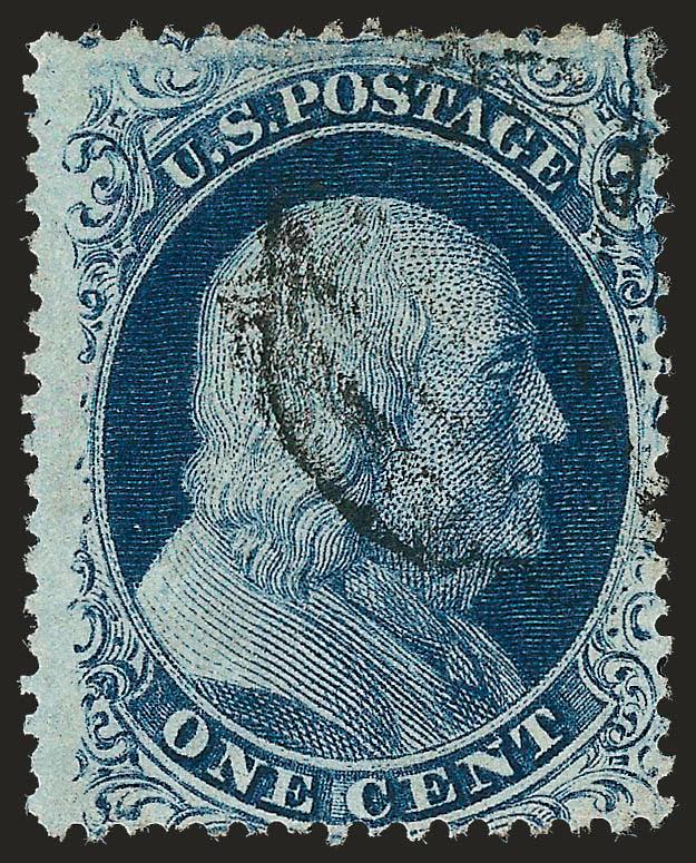 1c Blue, Ty. II, Plate 2 Crack (20 var).> Position 12L2, clearly showing the crack at right, rich color, grid cancel, tiny corner crease at top right visible only in fluid, Very Fine example of this desirable
position showing the plate crack, perfora